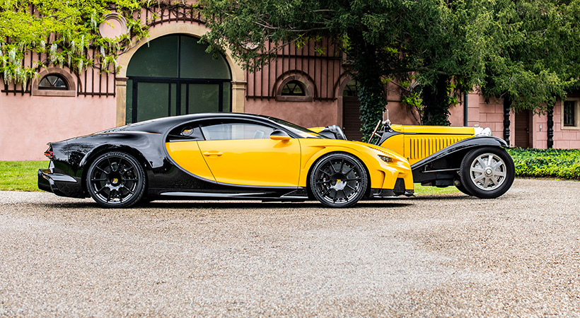 Este encargo único se complementa con rines de color negro y diseño de 10 radios y con tapacubos que muestran las letras 'EB' en amarillo. Foto: Bugatti
